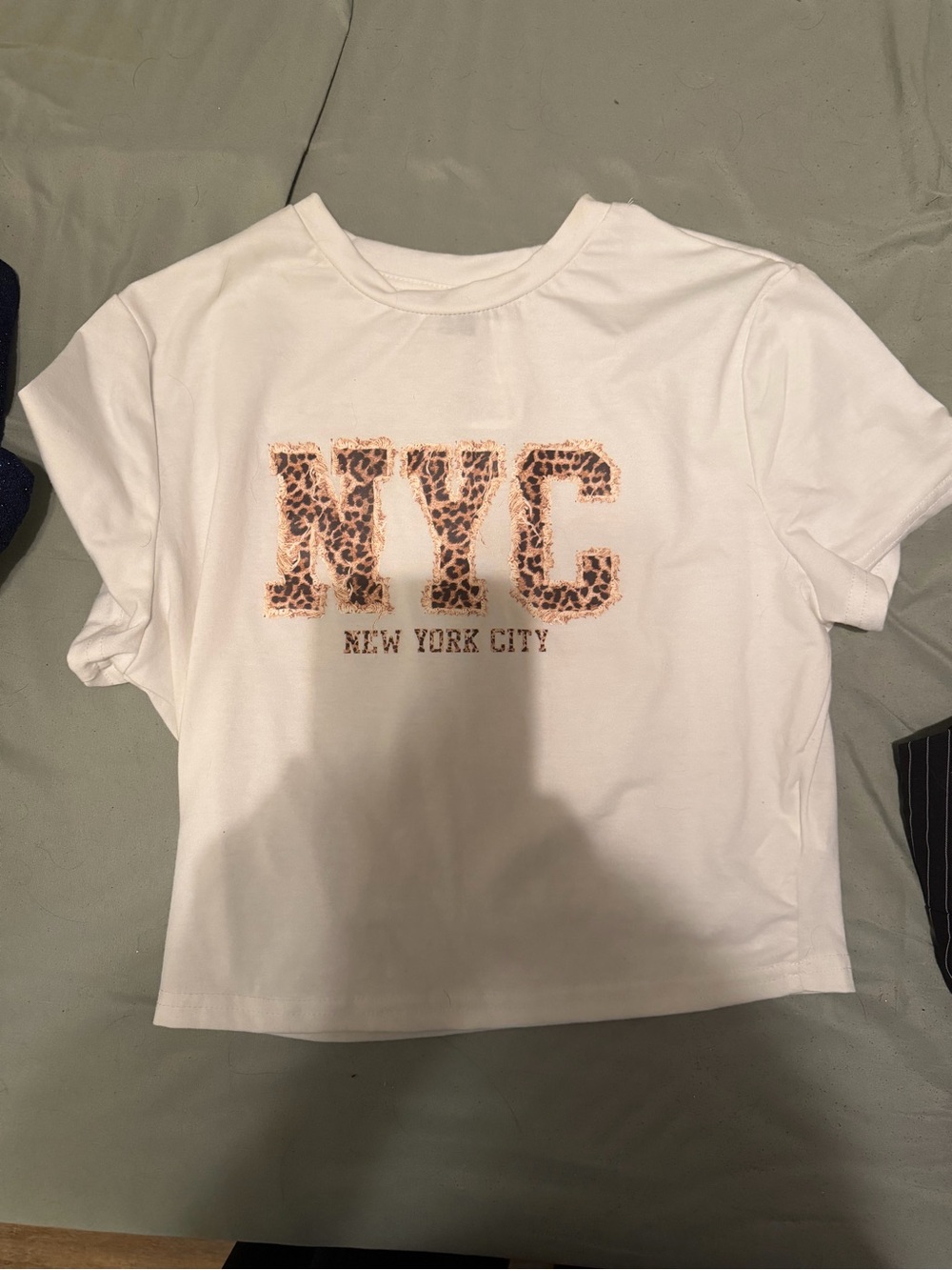 SHEIN White Cropped Tee with Leopard Print 'NYC' Detail